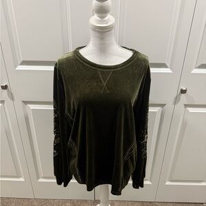 Olive Green Velvet Women's Top embroidered stitching on sleeves and side XL